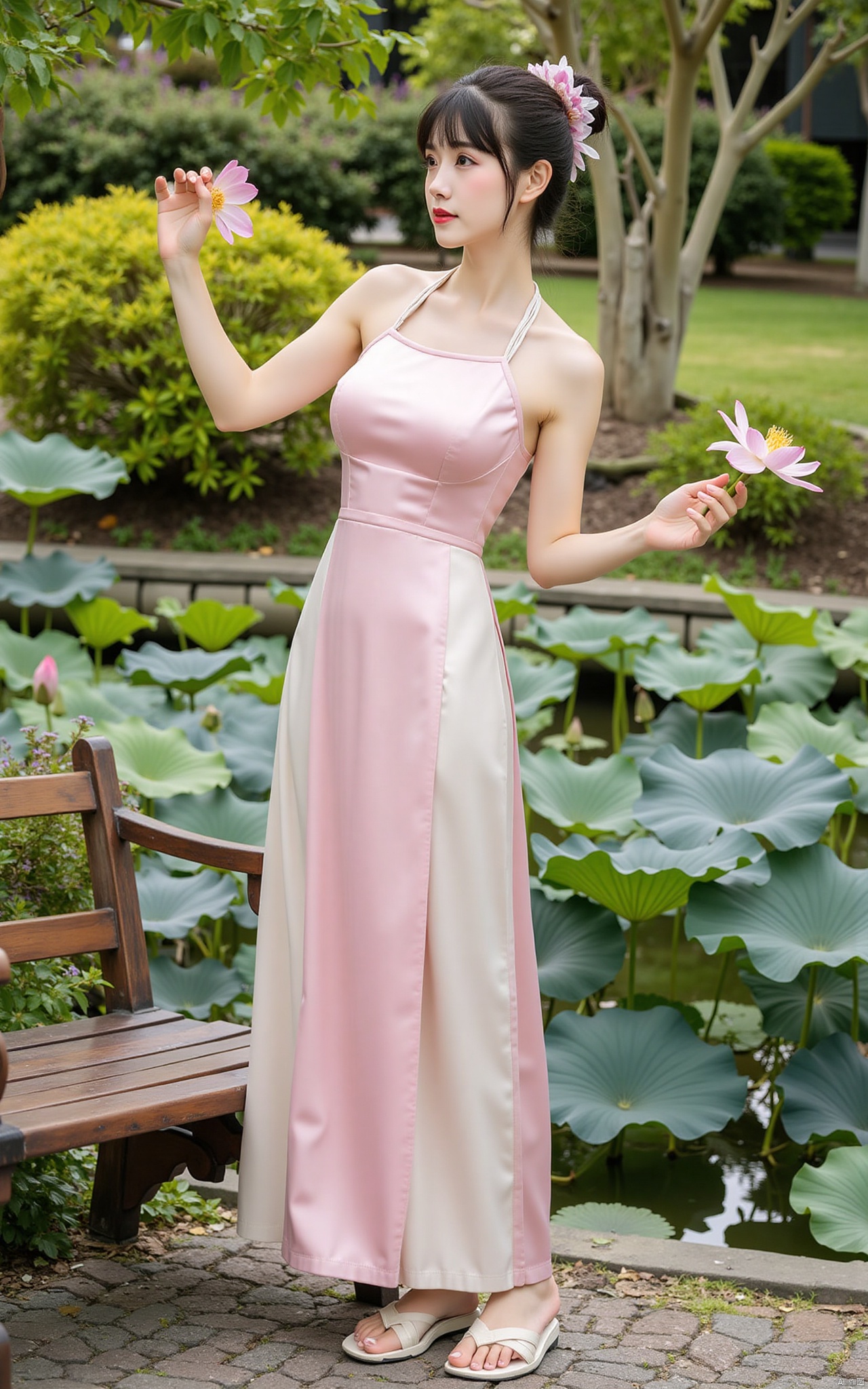  masterpiece,1girl,solo,black hair,(Standing by the lotus pond in the garden:1.3),(hanfu dress:1.3),black eyes,beautiful face,holding flower,looking at viewer,(huge breasts:2.59),(full breasts:1.99),XJKzhifu,Xtanghanfu,Xyunxiao,Xmengkeer,Xnalanyanran