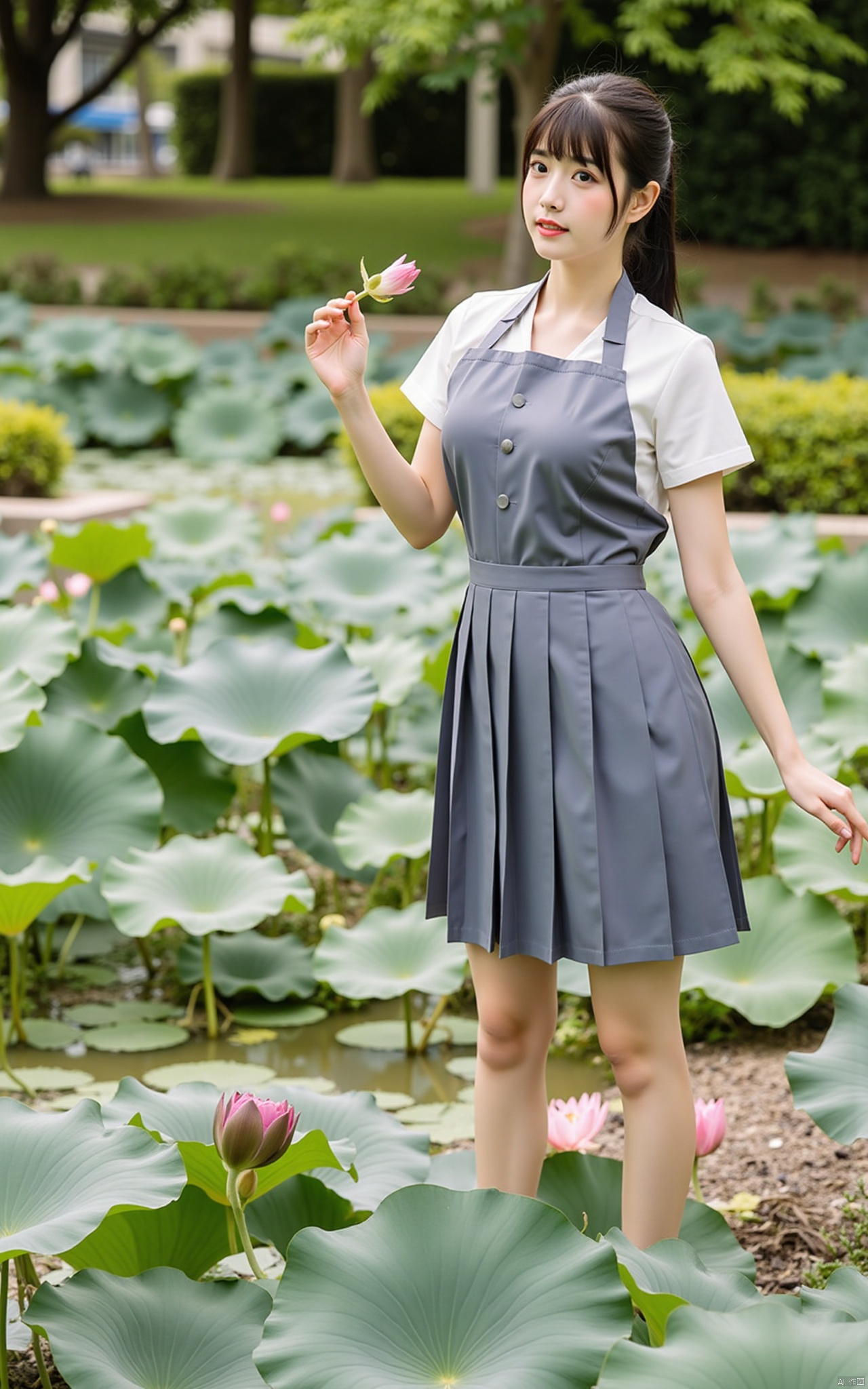 masterpiece,1girl,solo,black hair,(Standing by the lotus pond in the garden:1.3),black eyes,beautiful face,holding flower,looking at viewer,(huge breasts:2.59),(full breasts:1.99),Xzhanguopao,XJKzhifu,Student uniforms, JK uniforms