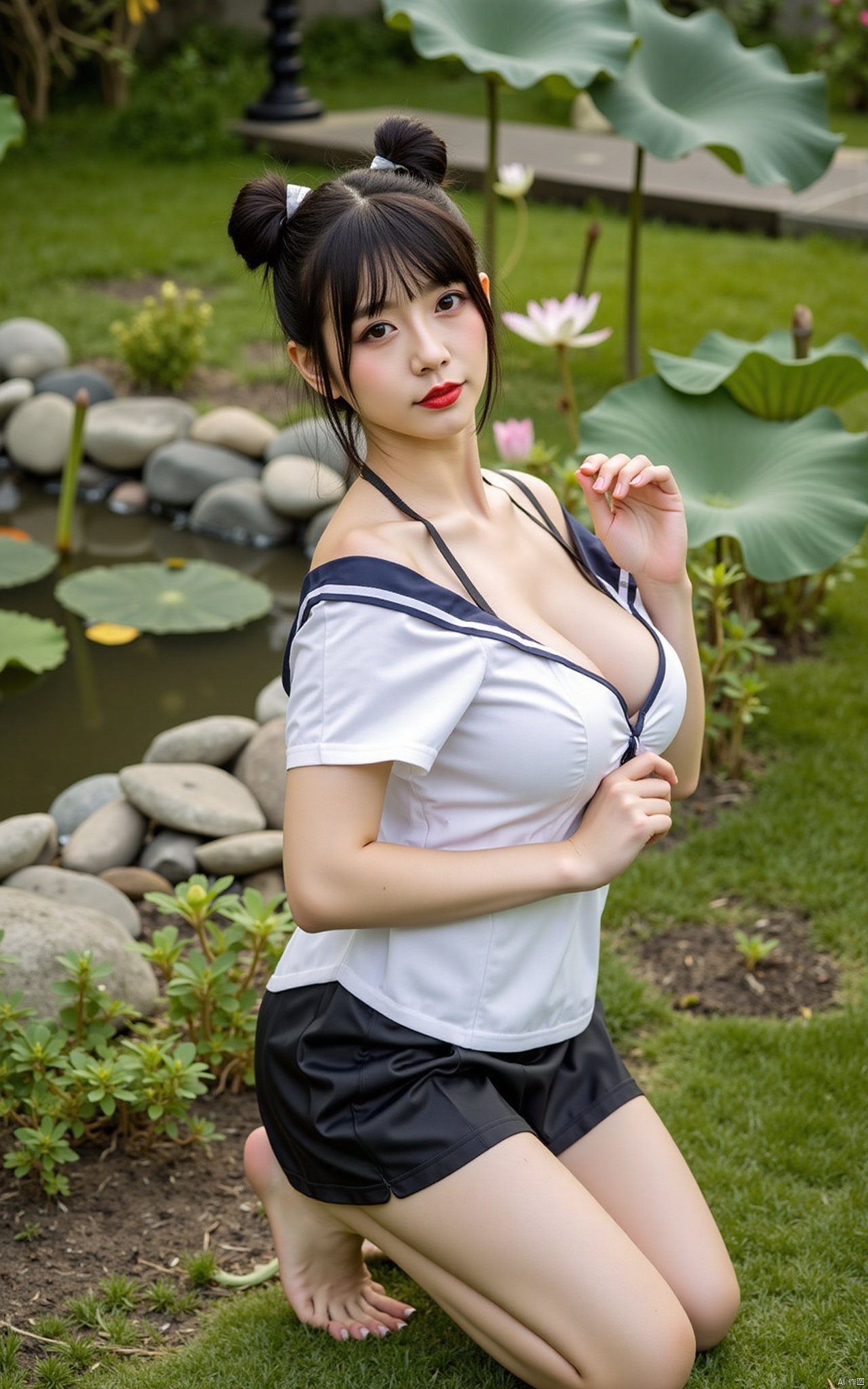  masterpiece,1girl,solo,black hair,(Standing by the lotus pond in the garden:1.3),black eyes,beautiful face,holding flower,looking at viewer,(huge breasts:2.59),(full breasts:1.99),Xzhanguopao,XJKzhifu,Student uniforms, JK uniforms