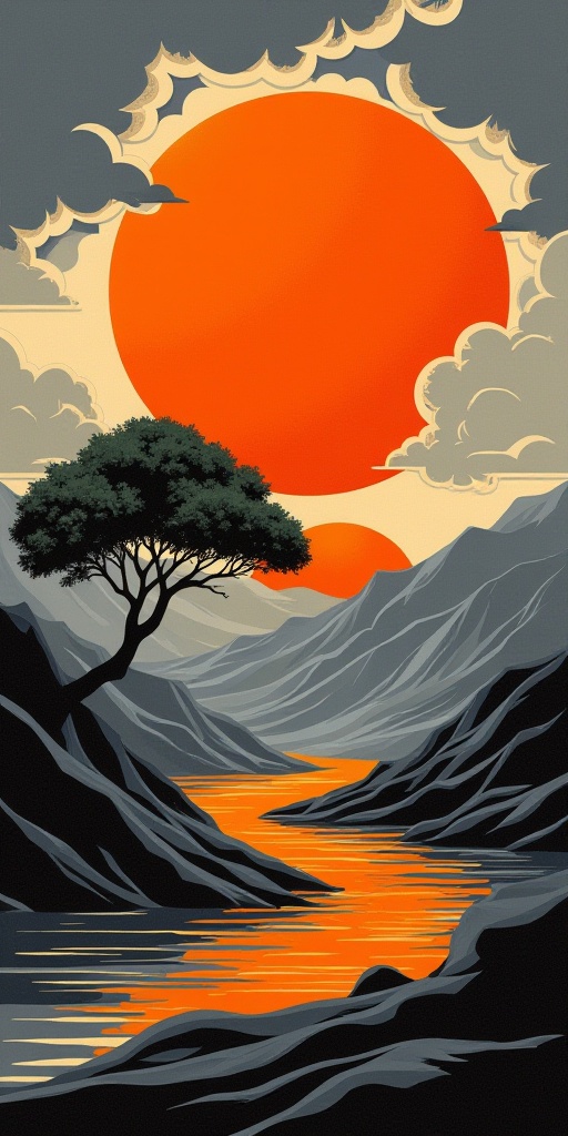 Vibrant Orange Sunset Descends: Desert Landscape Awakens. A majestic orange sun sets behind a mountain range,  its fiery d...