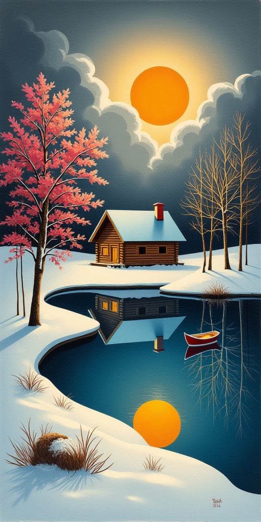 a medium-angle shot captures a peaceful winter scene. The focal point,  a wooden log cabin,  adorned with a blue-green roo...