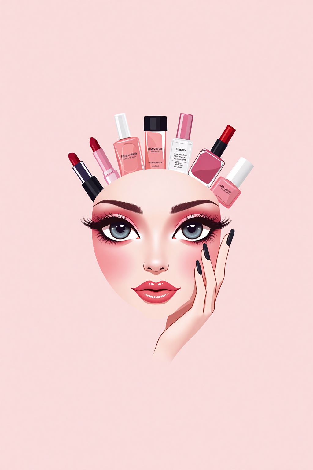 A logo for my brand Sara Zucki Beauty in very delicate pink tones and with elements of nails,  makeup and beauty,  demonst...