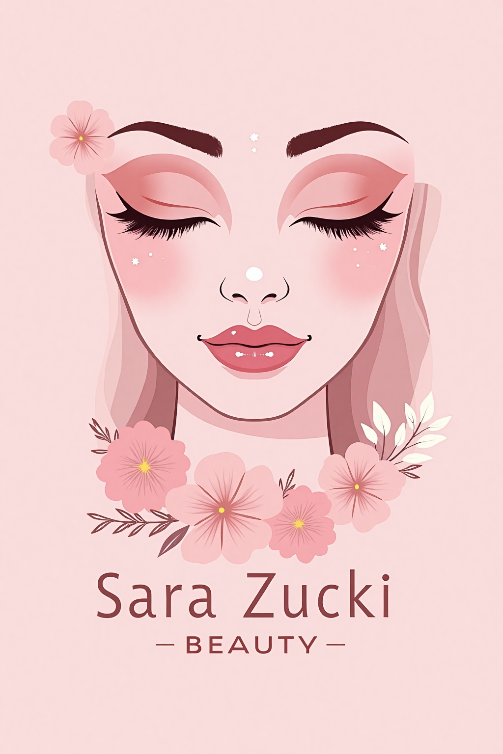 A logo for my brand Sara Zucki Beauty in very delicate pink tones and with elements of nails,  makeup and beauty,  demonst...