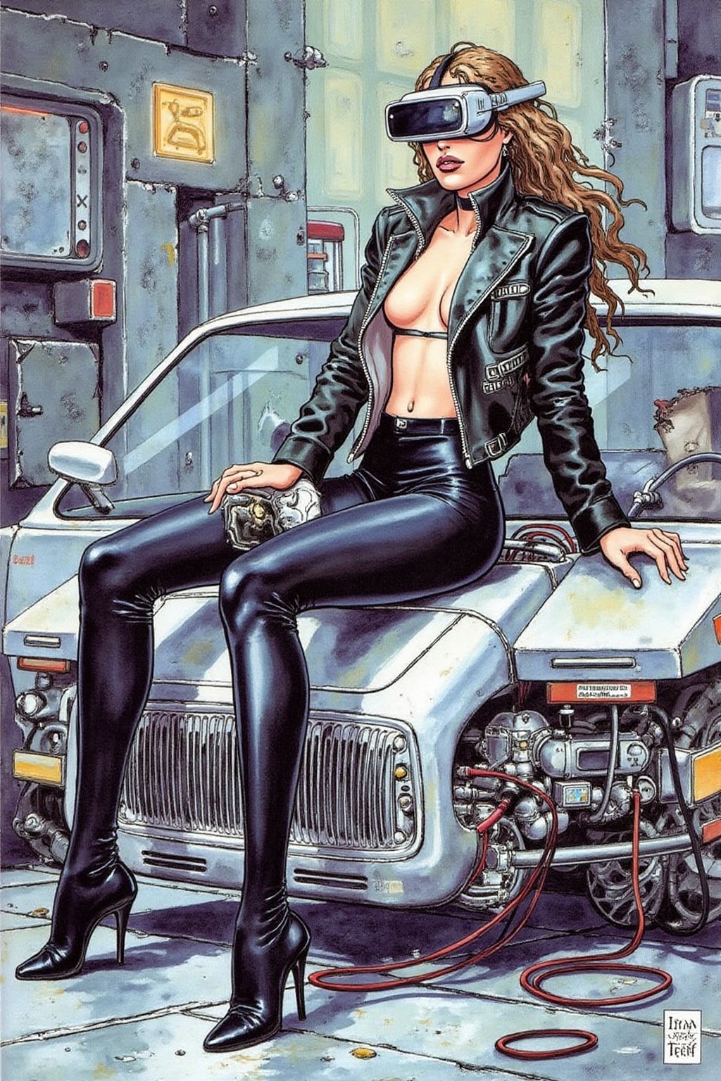 itacomic1 illustration. A striking,  futuristic scene depicts a woman dressed in sleek,  form-fitting leather attire on Te...