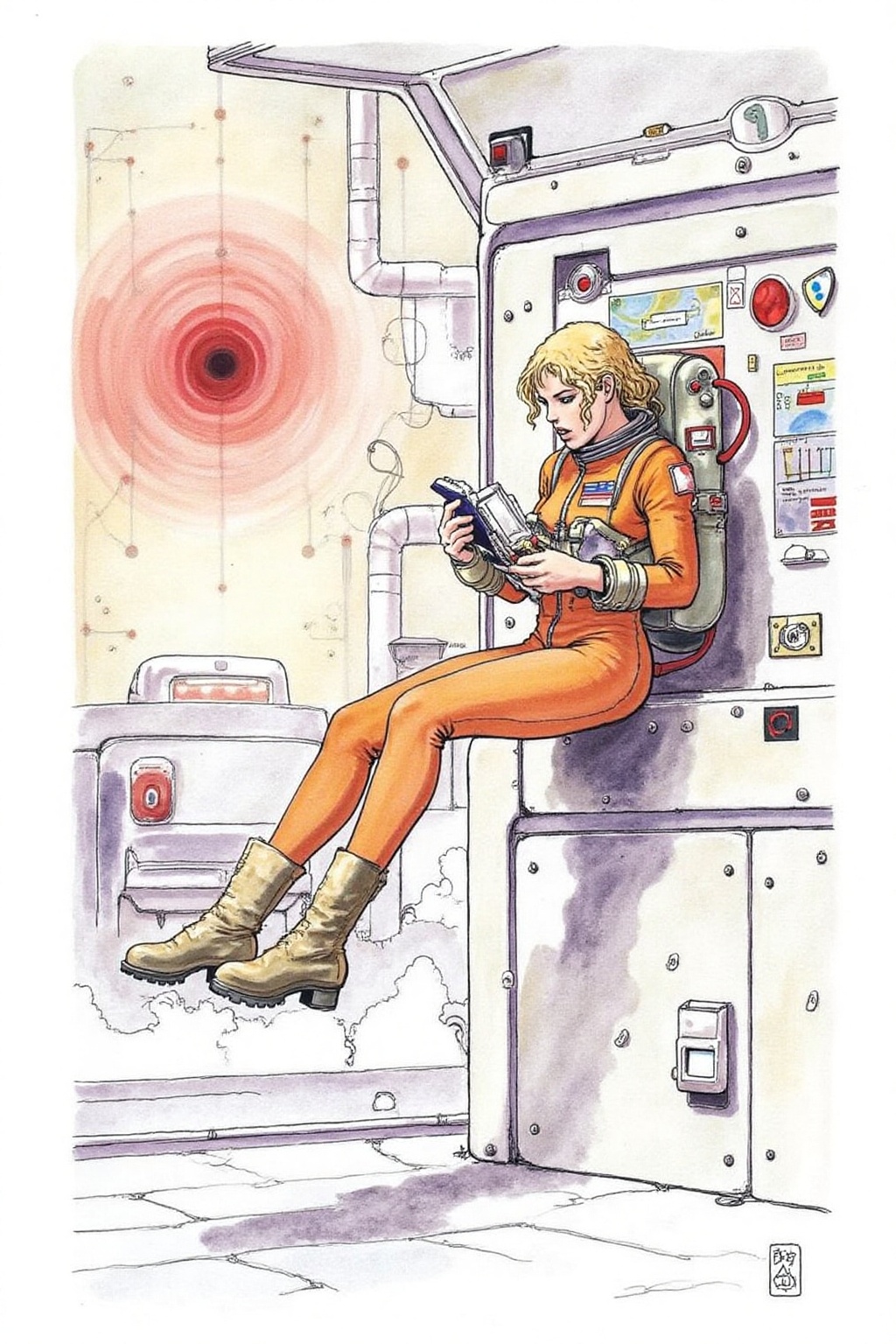 itacomic1 illustration. yawc1 watercolor. Overhead sideview of a blonde woman dressed in a orange spacesuit and heavy boot...