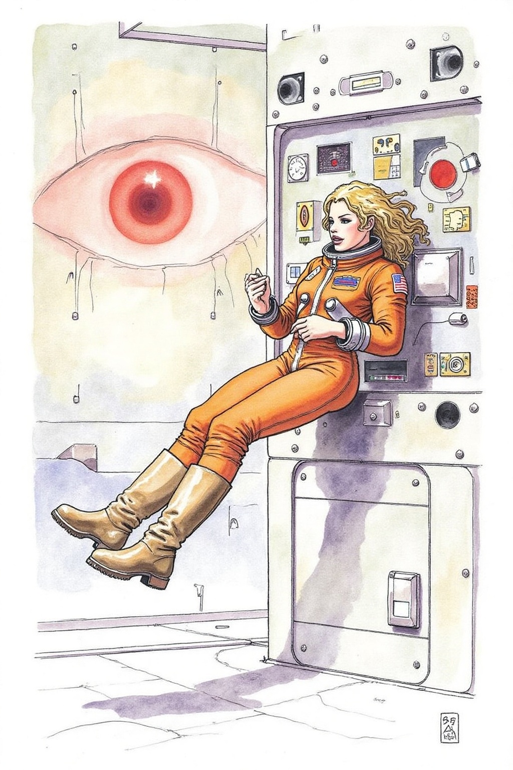 itacomic1 illustration. yawc1 watercolor. Overhead sideview of a blonde woman dressed in a orange spacesuit and heavy boot...