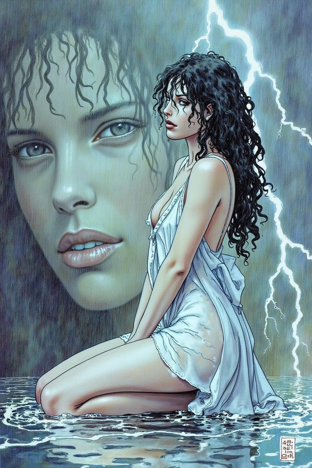 itacomic1 illustration. Shot from the side,  surreal,  overhead shot of a dramatic cinematic scene featuring a woman with...