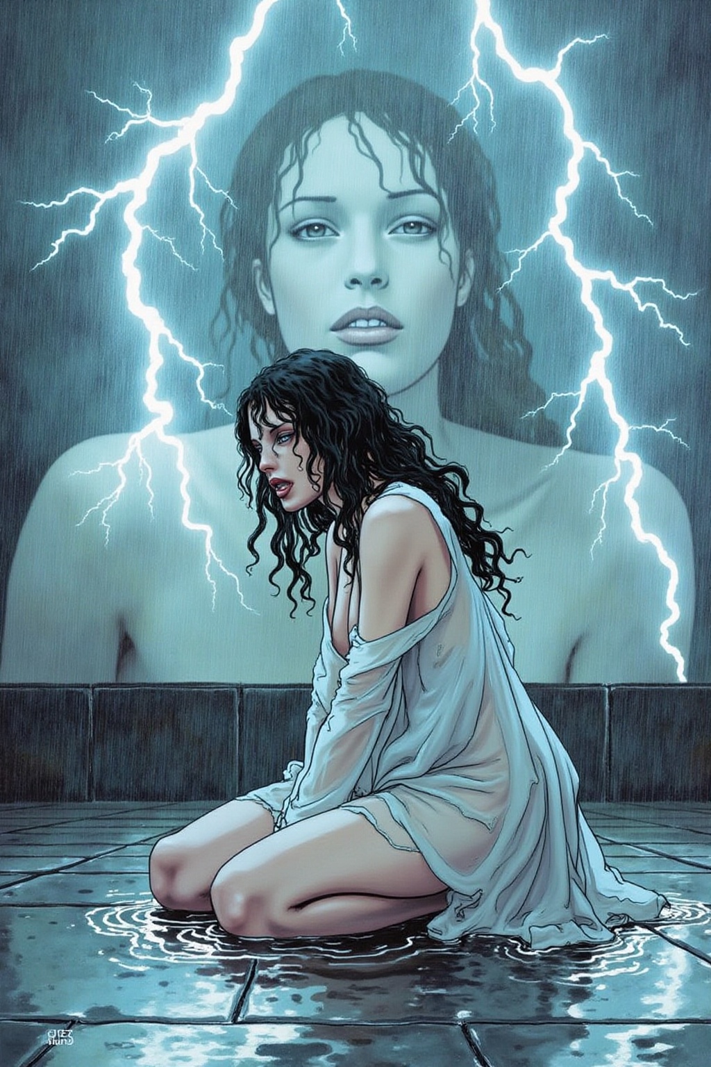 itacomic1 illustration. Shot from the side,  surreal,  overhead shot of a dramatic cinematic scene featuring a woman with...