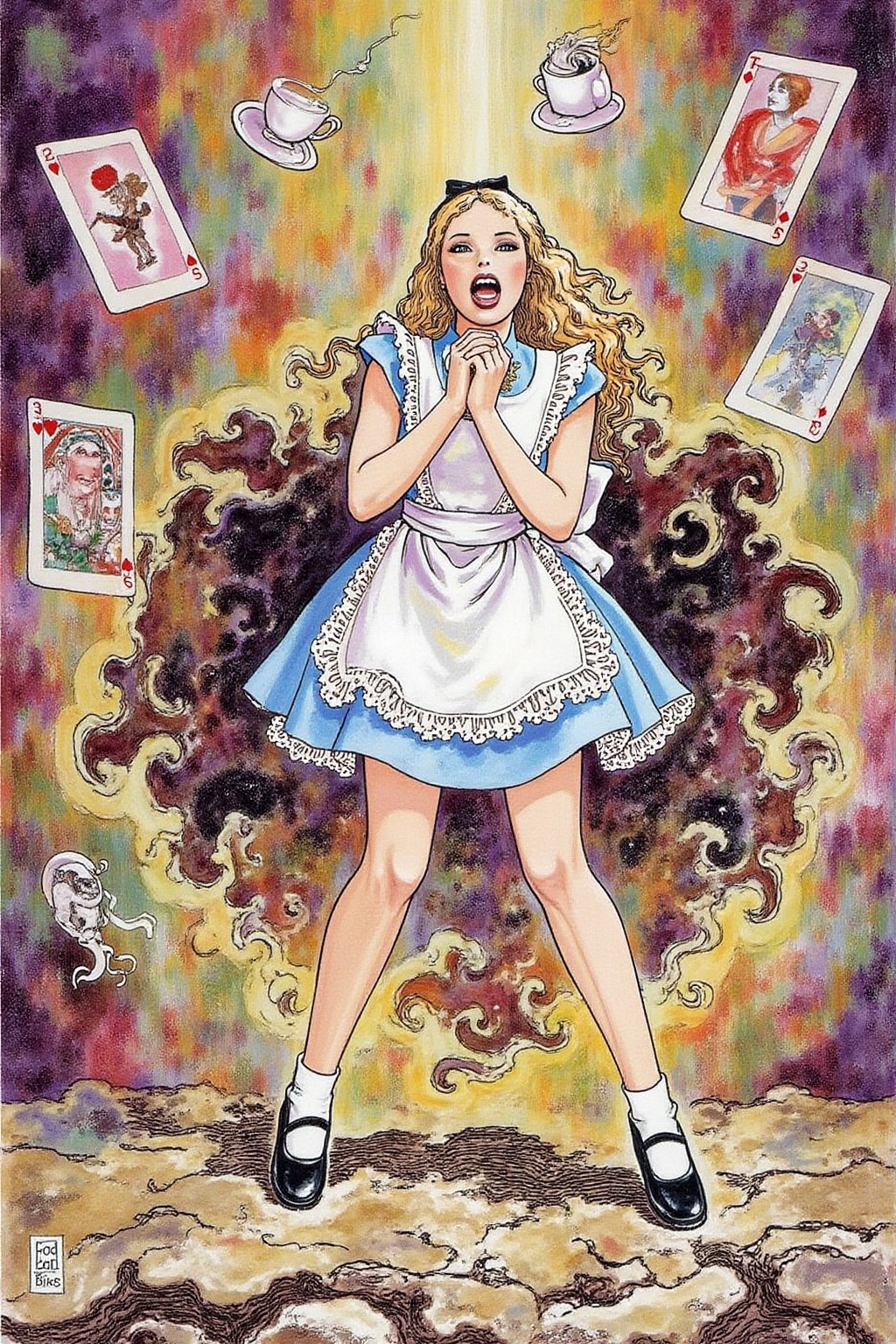 itacomic1 illustration. Overhead view of Alice in Wonderland falling into the rabbit hole,  with her legs dangling beneath...
