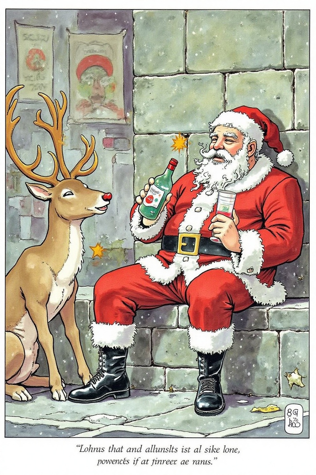 itacomic1 illustration. Homeless Santa Claus,  drunk and sleeping rough on the street with Rudolph the red-nosed reindeer...