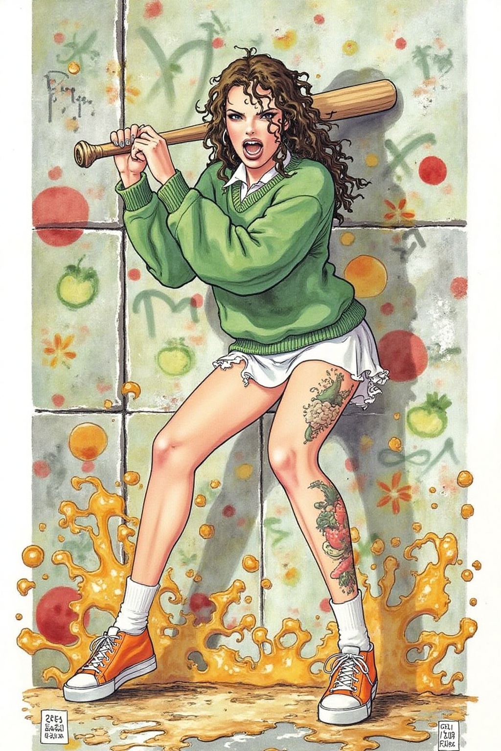 itacomic1 illustration. full body,  liquid splash,  cartoonish juicy fruits chaos on Tensor.Art