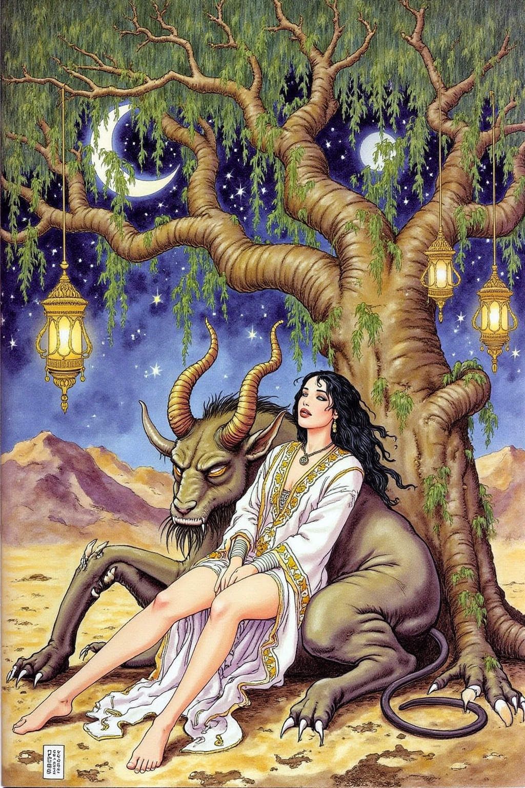 itacomic1 illustration. a scene from Arabian Nights,  rendered in intricate,  colorful detail. A beautiful woman and a sle...