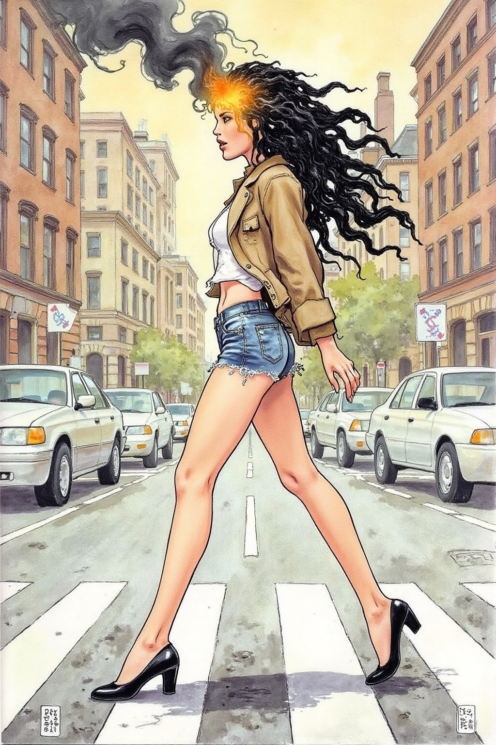 itacomic1 illustration. Fantasy artwork. Profile of a woman with long black hair walking across the street at zebra crossi...