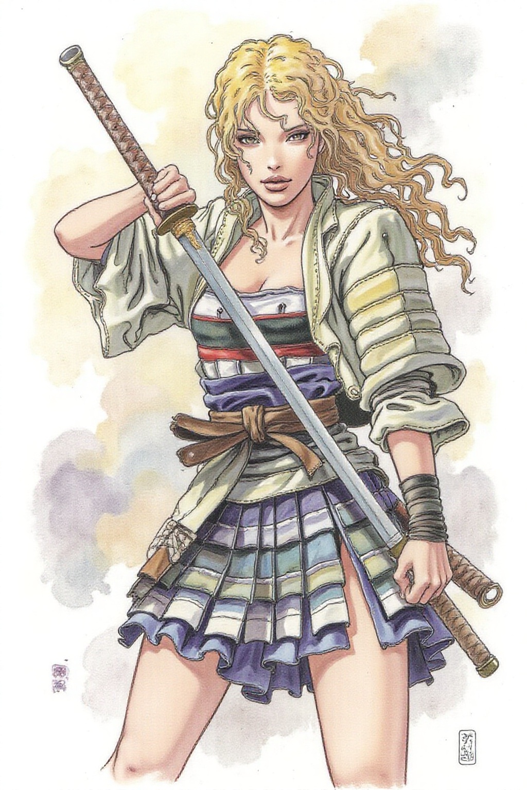 itacomic1 illustration. An blonde female samurai warrior wielding a katana,  blending form with reality. Glitching the sur...