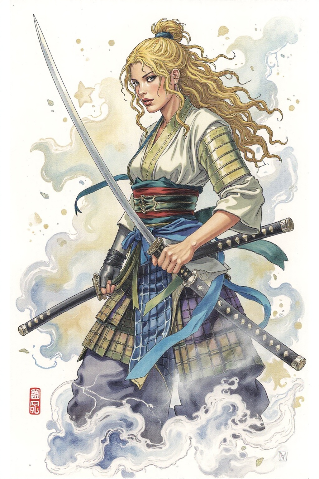 itacomic1 illustration. An blonde female samurai warrior wielding a katana,  blending form with reality. Glitching the sur...
