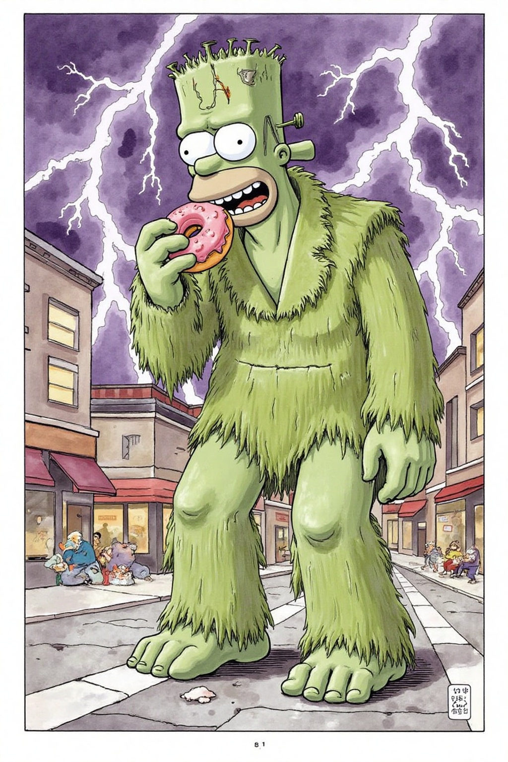 itacomic1 illustration. Homer Simpson dressed as Frankenstein,  eating a doughnut during a thunderstorm on Tensor.Art