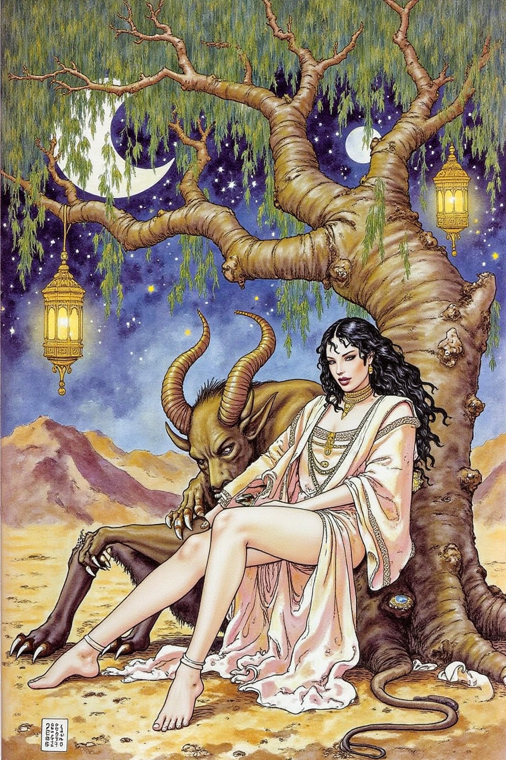 itacomic1 illustration. a scene from Arabian Nights,  rendered in intricate,  colorful detail. A beautiful woman and a sle...