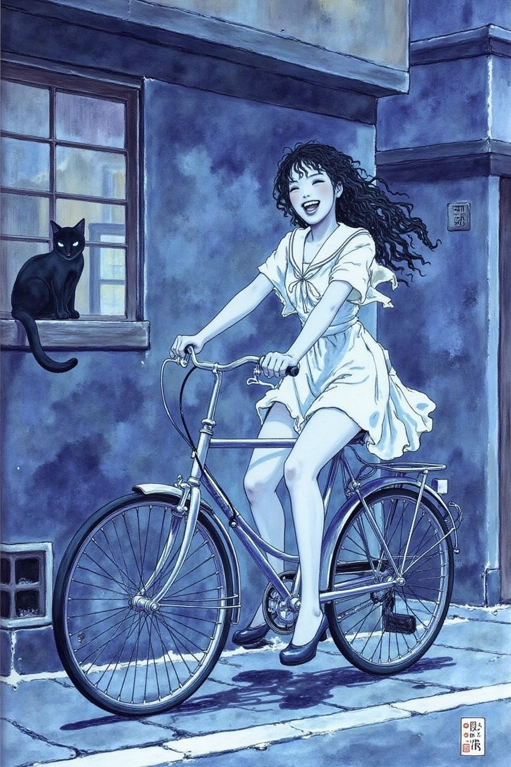 itacomic1 illustration. A Japanese school girl riding a old style bicycle through a narrow,  quiet street at night. The ha...