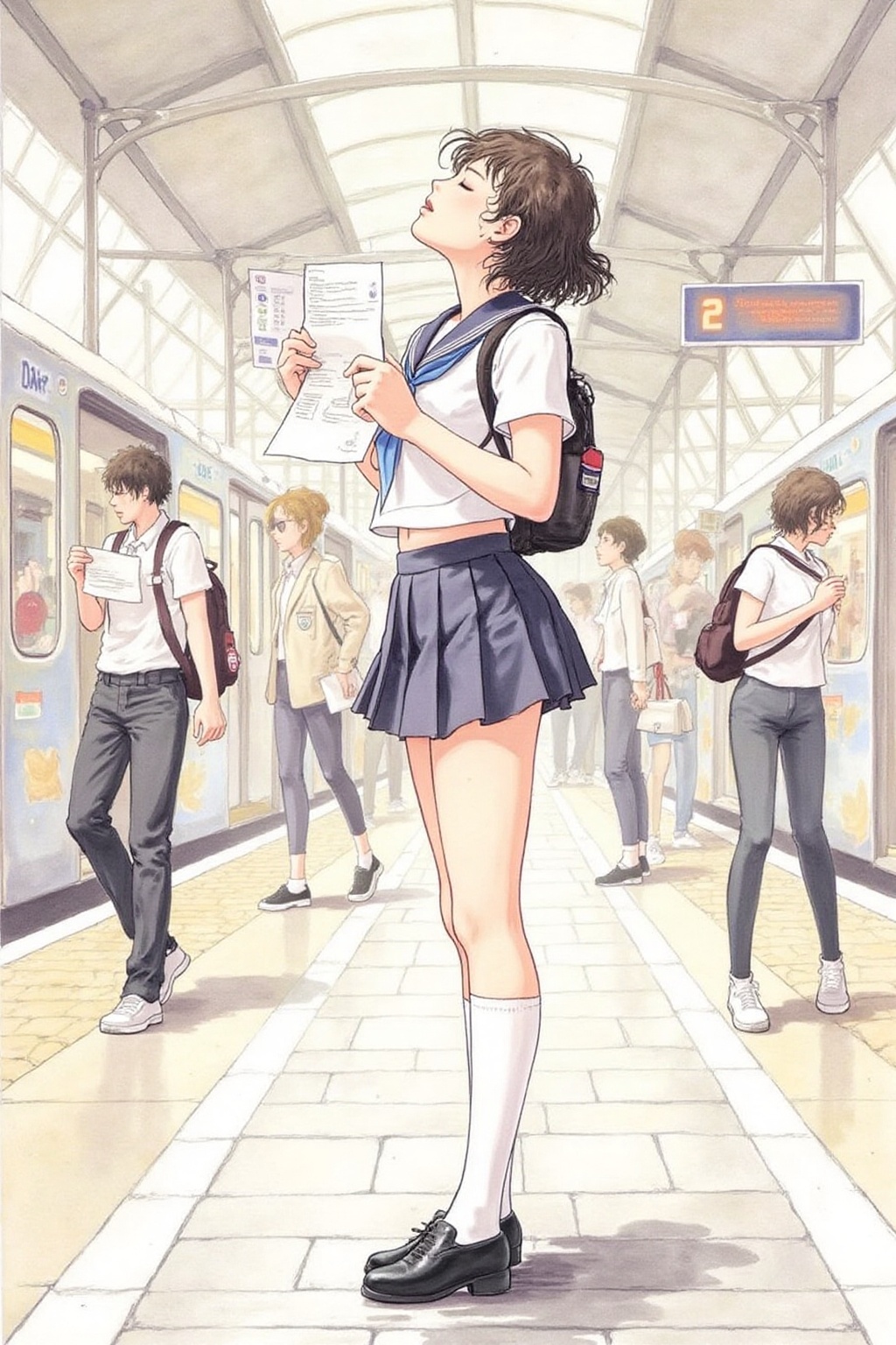 itacomic1 illustration. Profile of a high school student in uniform,  white socks and black shoes,  standing in the middle...