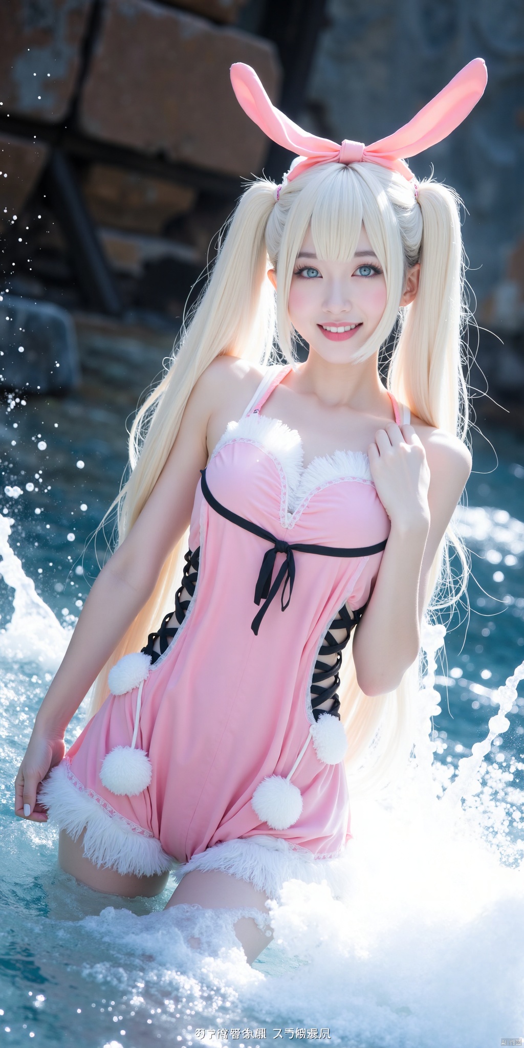 A girl,loli, solo, long hair, looking at viewer, smile, open mouth, bangs, blue eyes, blonde hair, twintails, one eye closed, water, cosplay, splashing