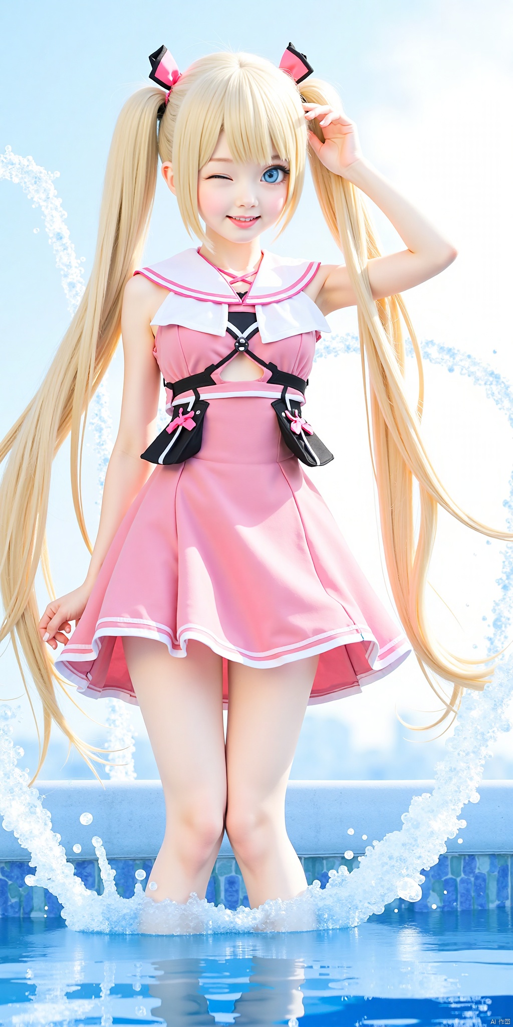 1girl, solo, long hair, looking at viewer, smile, open mouth, bangs, blue eyes, blonde hair, twintails, one eye closed, water, cosplay, splashing