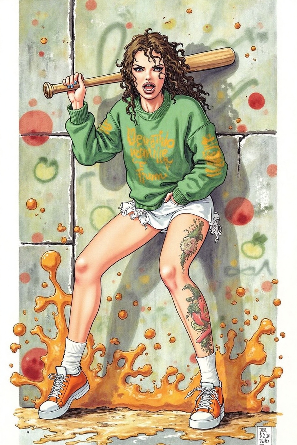 itacomic1 illustration. full body,  liquid splash,  cartoonish juicy fruits chaos on Tensor.Art