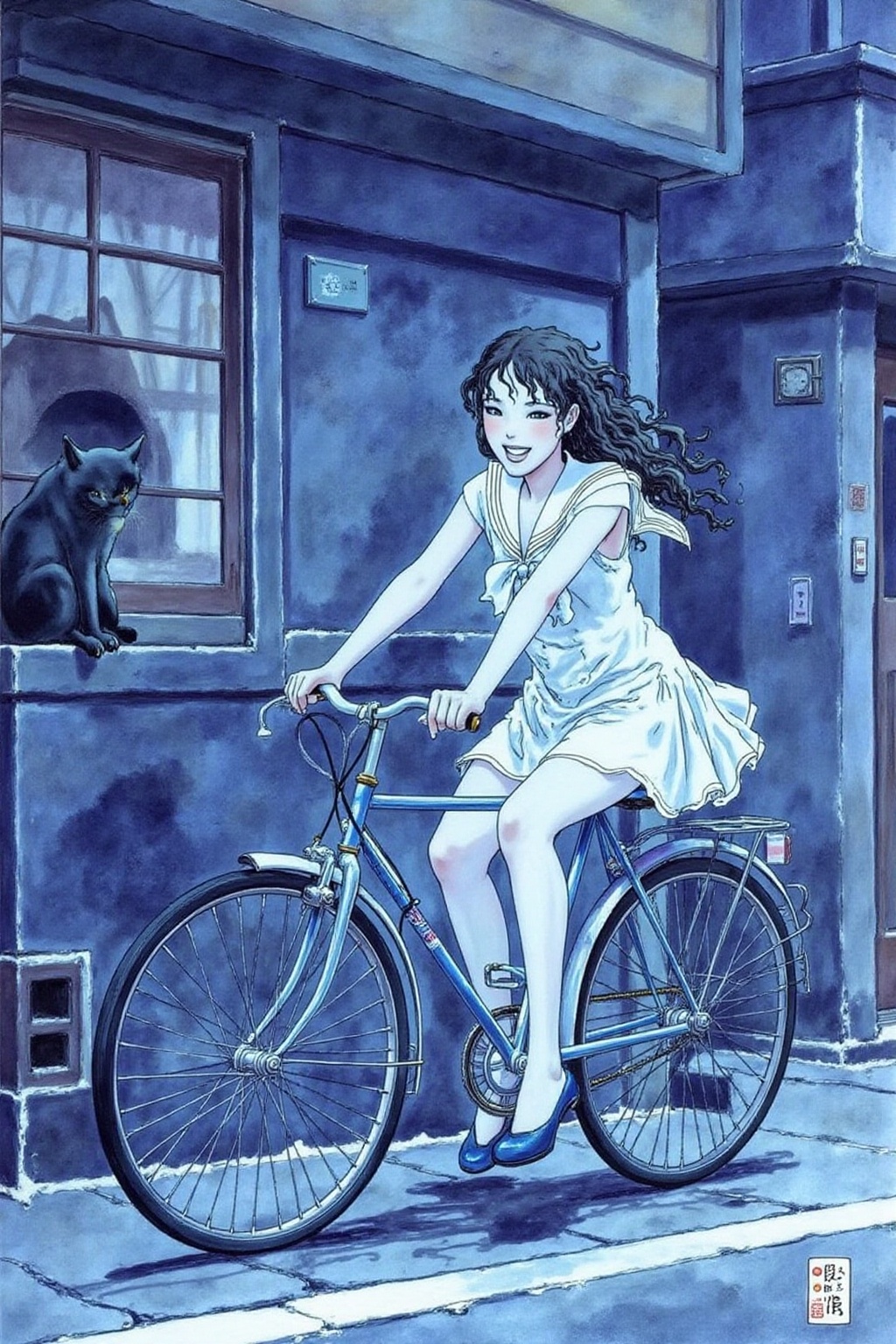 itacomic1 illustration. A Japanese school girl riding a old style bicycle through a narrow,  quiet street at night. The ha...