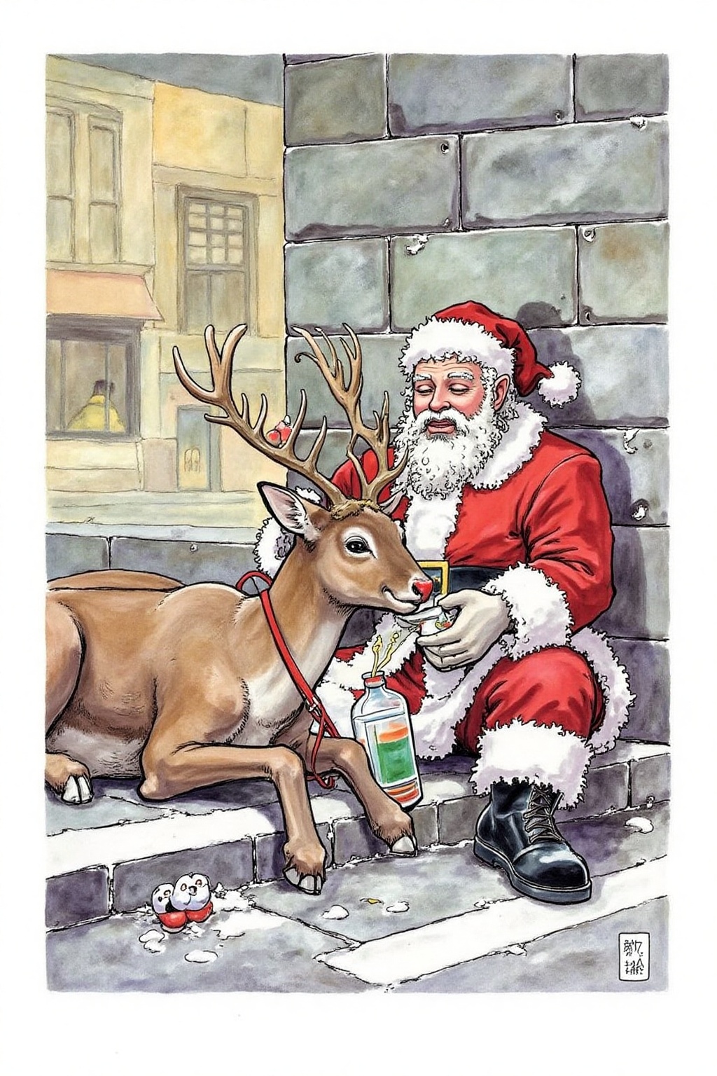 itacomic1 illustration. Homeless Santa Claus,  drunk and sleeping rough on the street with Rudolph the red-nosed reindeer...