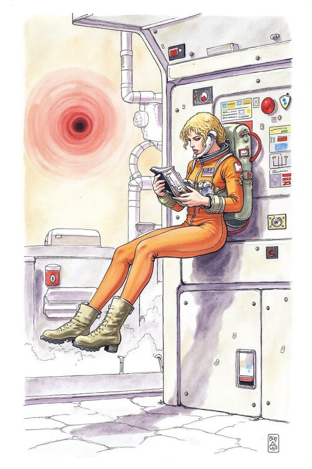 itacomic1 illustration. yawc1 watercolor. Overhead sideview of a blonde woman dressed in a orange spacesuit and heavy boot...