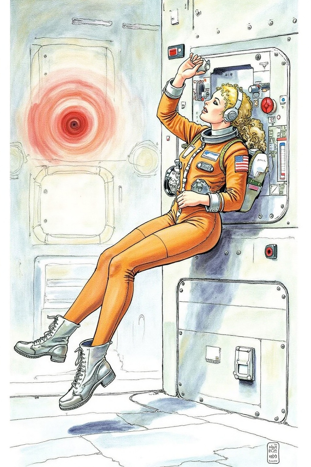 itacomic1 illustration. Overhead sideview of a blonde woman dressed in a orange spacesuit and heavy boots,  is carefully r...