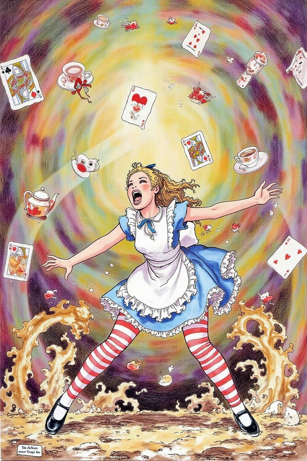 itacomic1 illustration. Overhead view of Alice in Wonderland falling into the rabbit hole,  with her legs dangling beneath...
