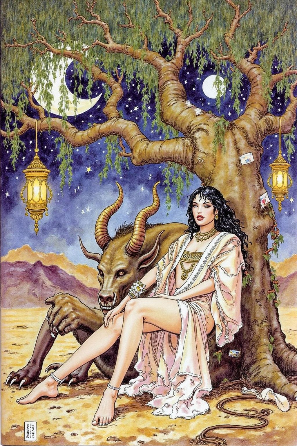 itacomic1 illustration. a scene from Arabian Nights,  rendered in intricate,  colorful detail. A beautiful woman and a sle...