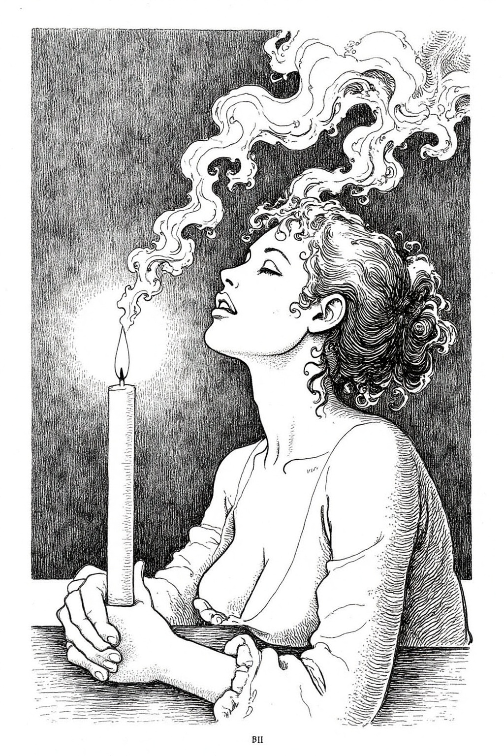 itacomic1 illustration. Wisps of smoke rising from a candle in the form of a woman's profile on Tensor.Art