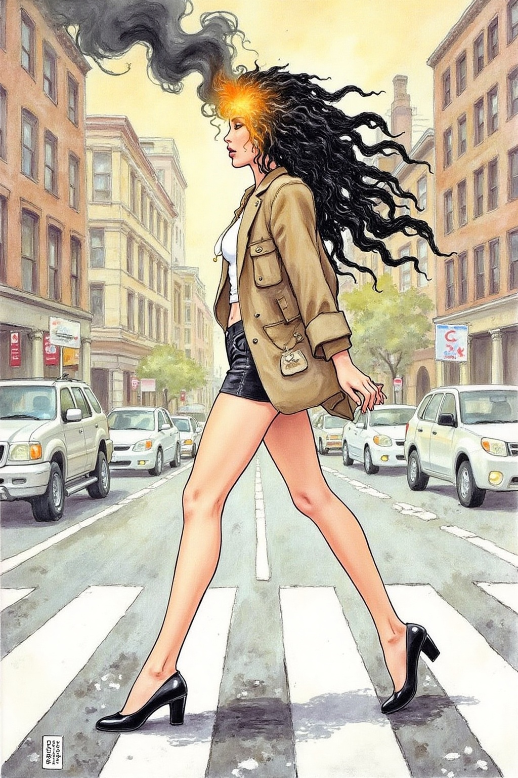 itacomic1 illustration. Fantasy artwork. Profile of a woman with long black hair walking across the street at zebra crossi...