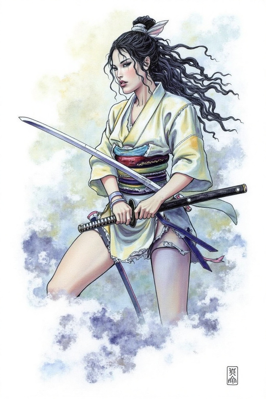 itacomic1 illustration of a female Japanese samurai warrior wielding a katana,  blending form with reality. Glitching the...