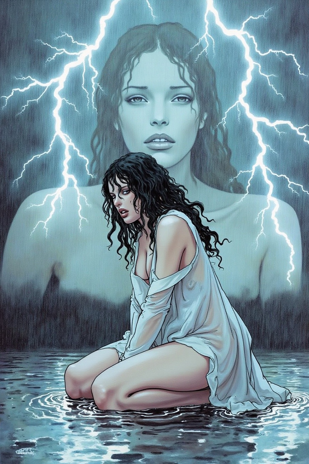 itacomic1 illustration. Shot from the side,  surreal,  overhead shot of a dramatic cinematic scene featuring a woman with...