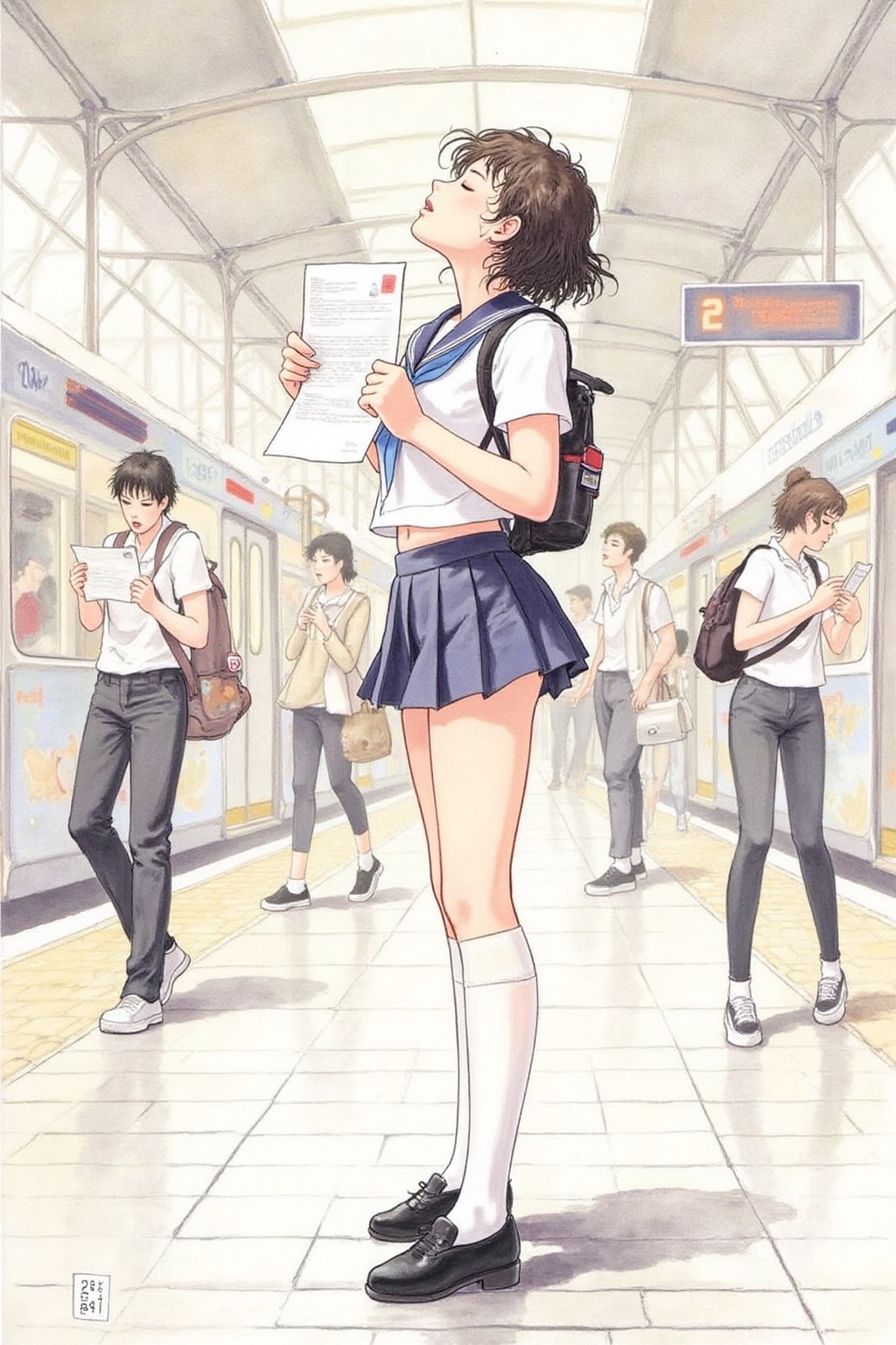 itacomic1 illustration. Profile of a high school student in uniform,  white socks and black shoes,  standing in the middle...