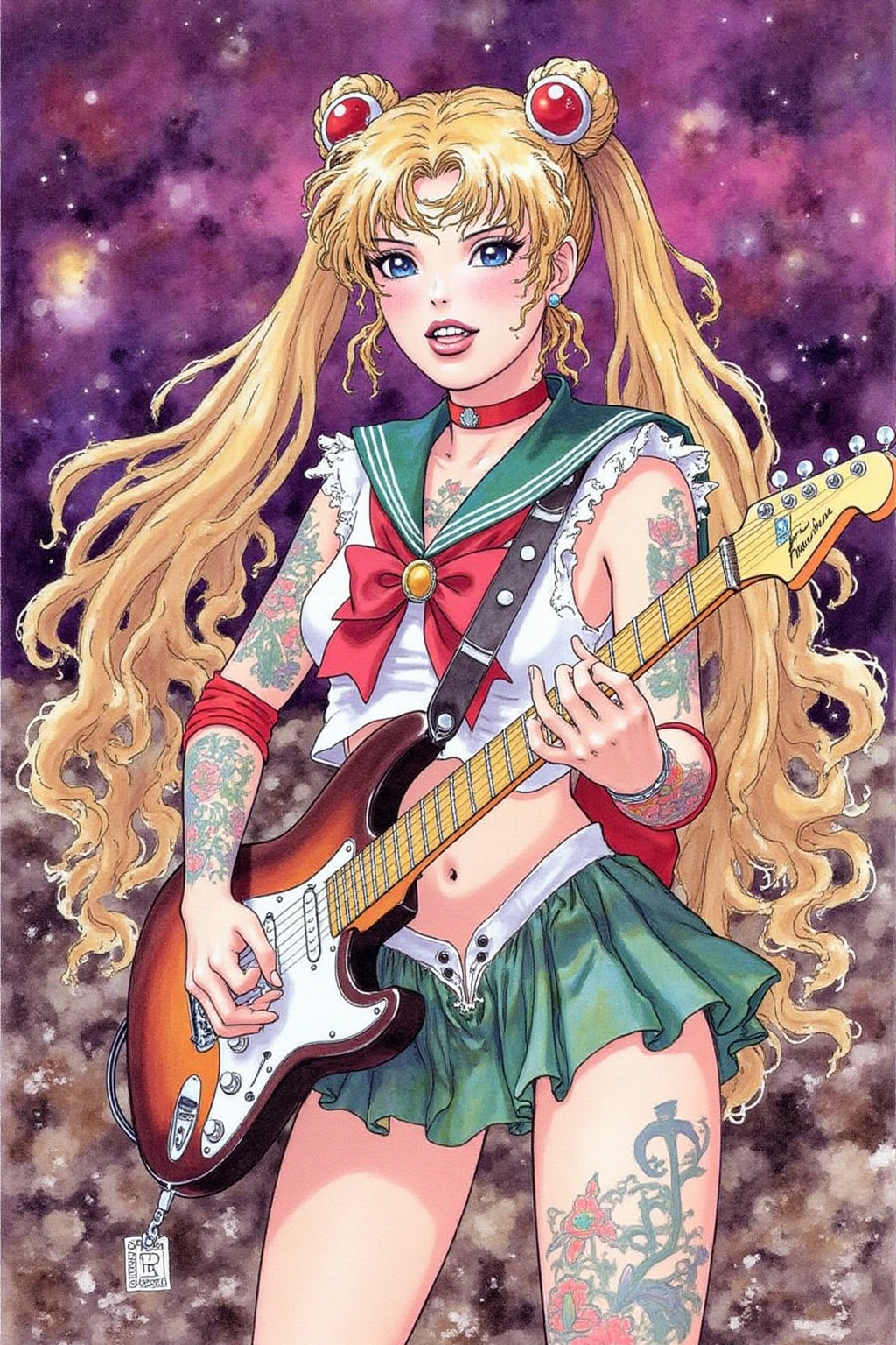 itacomic1 illustration of punk sailor moon playing a guitar at a heavy metal mosh pit,  tattoos,  piercing on Tensor.Art