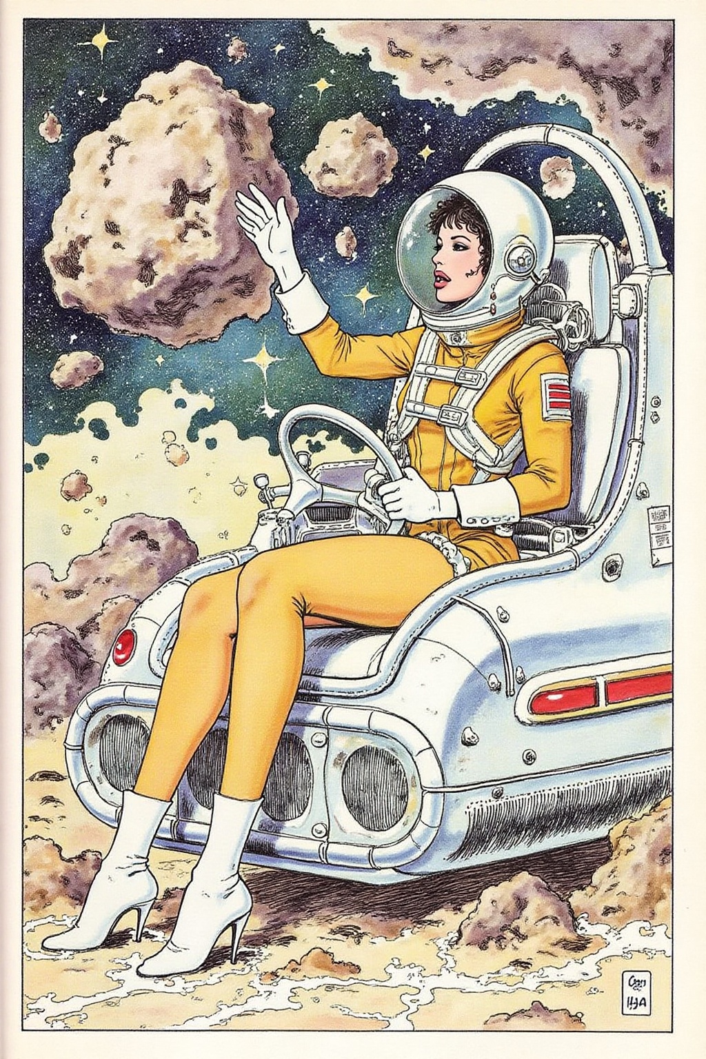 itacomic1 illustration of a woman wearing a futuristic yet retro spacesuit sitting inside a retro chrome spacecraft,  conf...