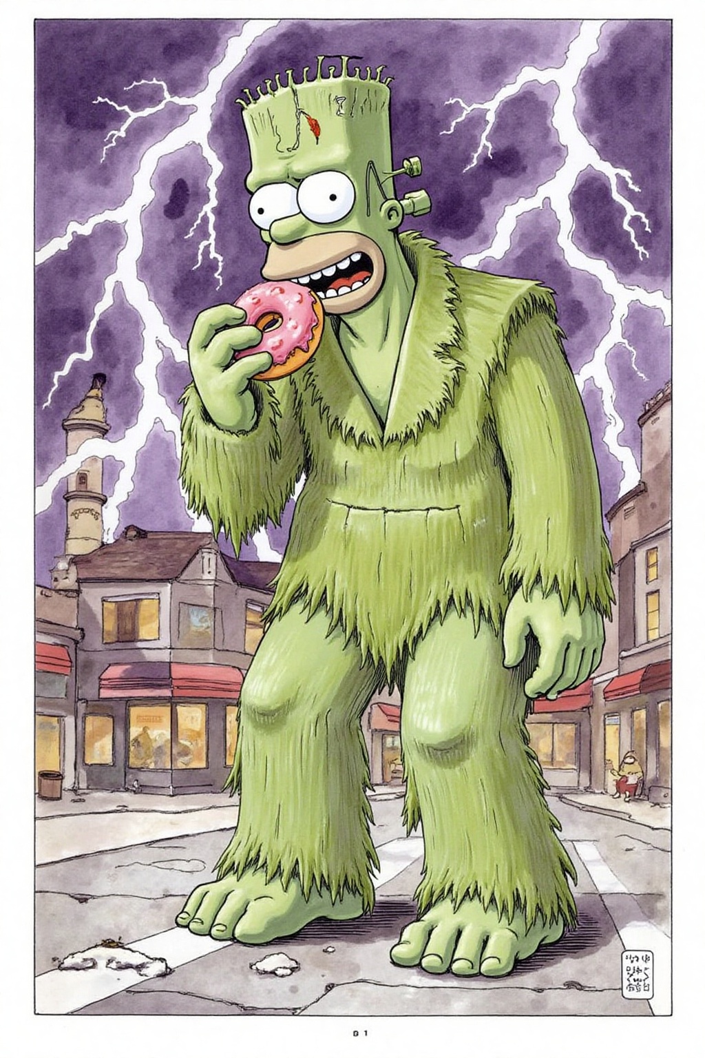 itacomic1 illustration. Homer Simpson dressed as Frankenstein,  eating a doughnut during a thunderstorm on Tensor.Art