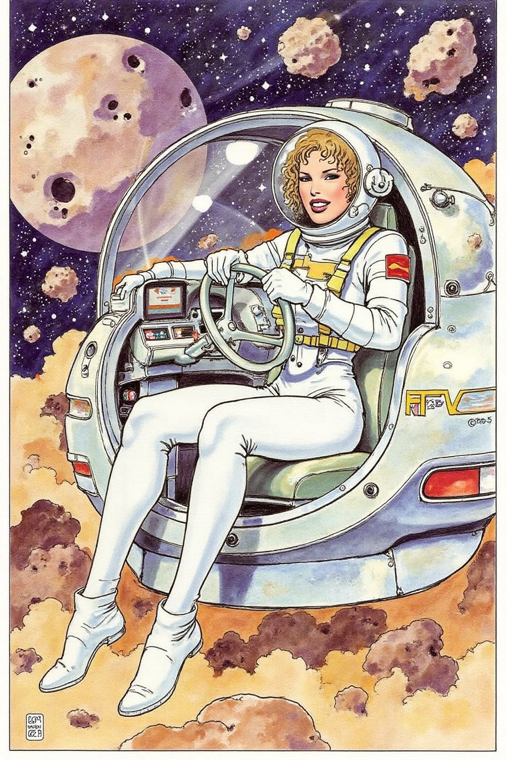 itacomic1 illustration of a woman wearing a futuristic yet retro spacesuit sitting inside a retro chrome spacecraft,  conf...