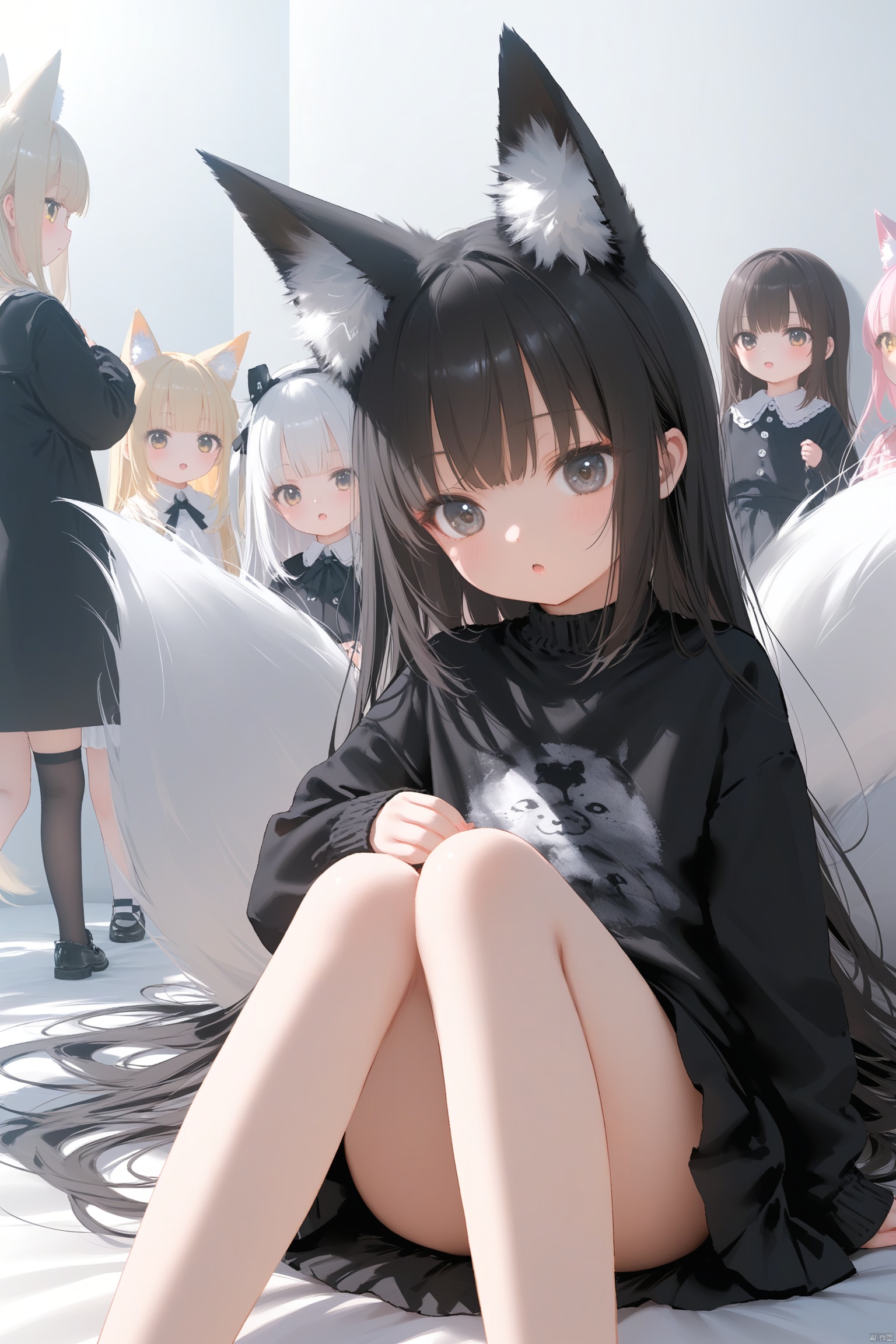masterpiece,best quality,illustration,dark style,[Artist miwano rag],[Artist toosaka asagi],[Artist wlop],[Artist chen bin], 4girls,loli,loli,loli, (little_girl:1.2),petite:1.1, fox girl, fox ears, fox tail, big tail, 