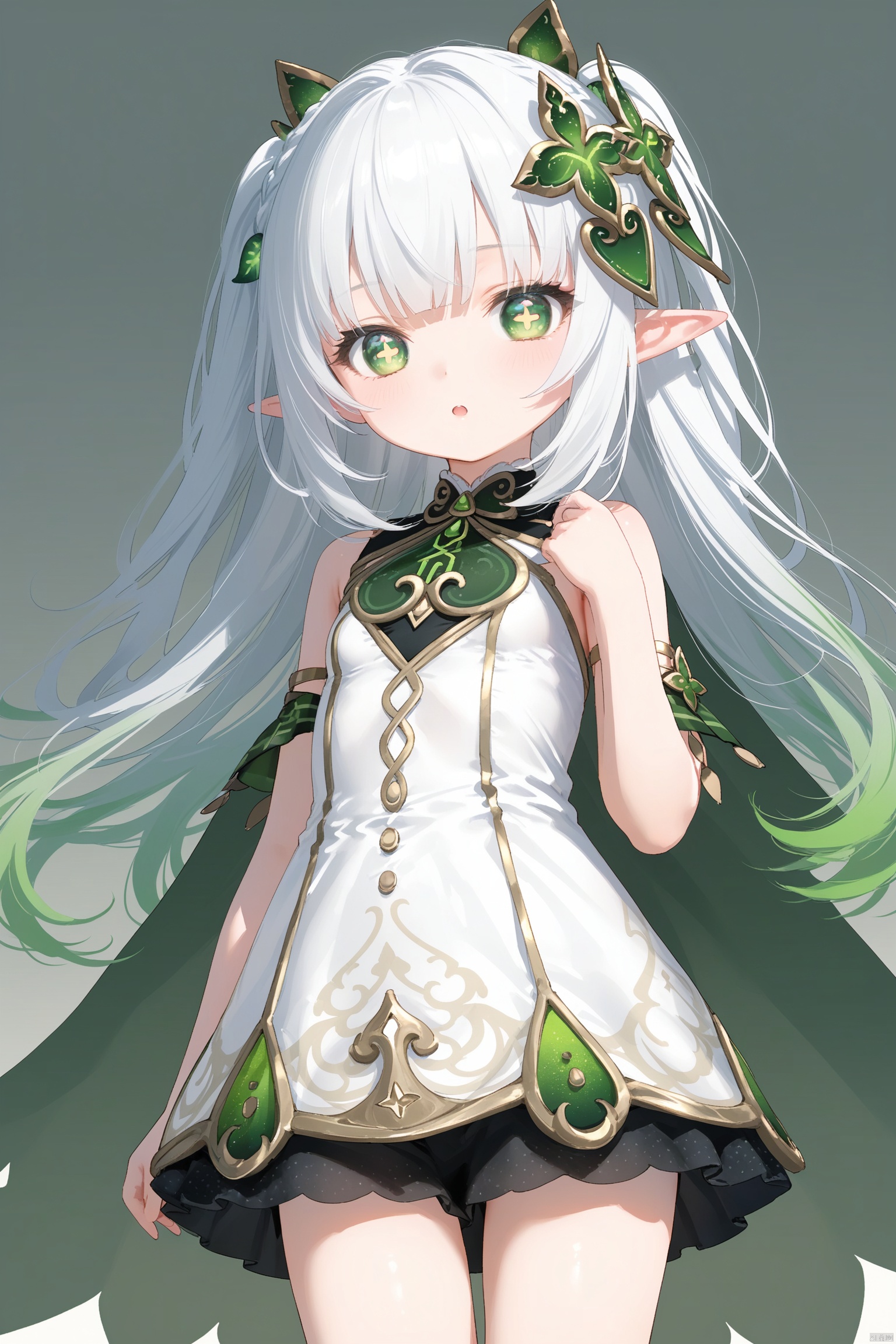 masterpiece,best quality,illustration,dark style,[Artist miwano rag],[Artist toosaka asagi],[Artist wlop],[Artist chen bin], 1girls, solo,loli,loli,loli, (little_girl:1.2),petite:1.1, elf girl,pointy_ears, small breast, green eyes, symbol-shaped pupils, cross-shaped pupils, white hair, green hair, bangs, hair ornament, gradient hair, side tonytail, nahida \(genshin impact\) ,