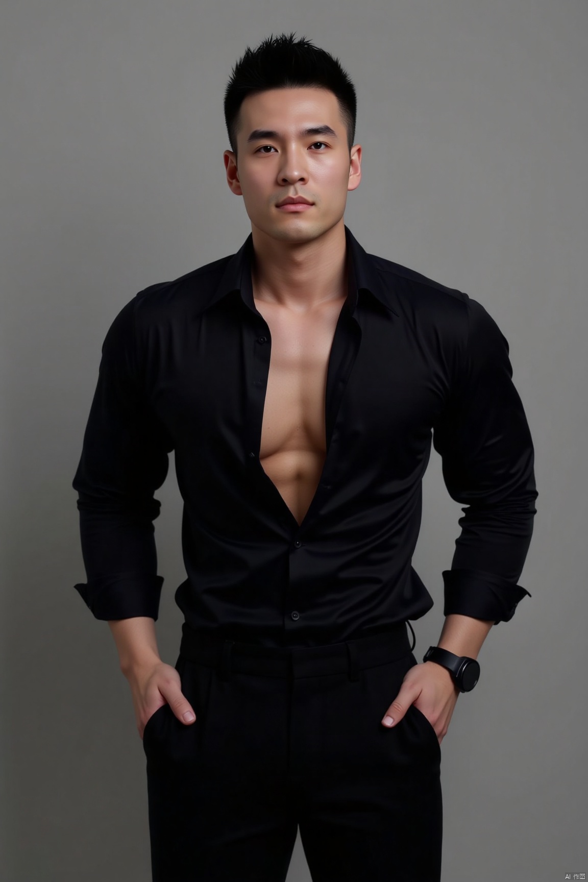 jzns,dsh,1man,asian,handsome,male focus,solo,hansome,charming,muscular,realistic,1boy, pectorals, black shirt, open shirt, watch, hands in pockets, black pants, chest hair, bust,masterpiece,realistic,best quality,highly detailed,highres,jzns,shx