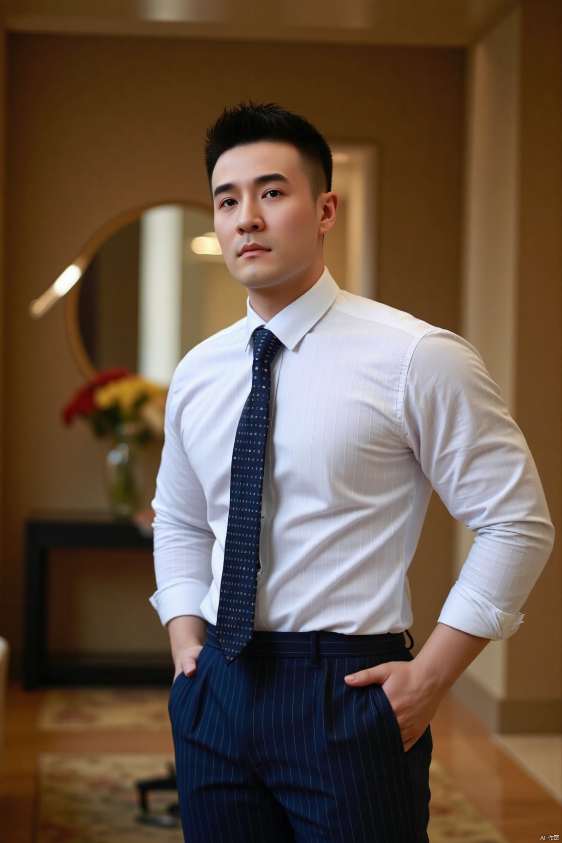 jzns,shx,1man,asian,solo,handsome, male focus, necktie, blurry background, hand in pocket, blurry, striped,looking at viewer, white shirt, blue pants, collared shirt, realistic, standing, blue vertical stripes formal, bust,in luxury hotel,atmospheric, photo background,perfect background, magnificent, masterpiece, realistic, best quality, highly detailed,shx