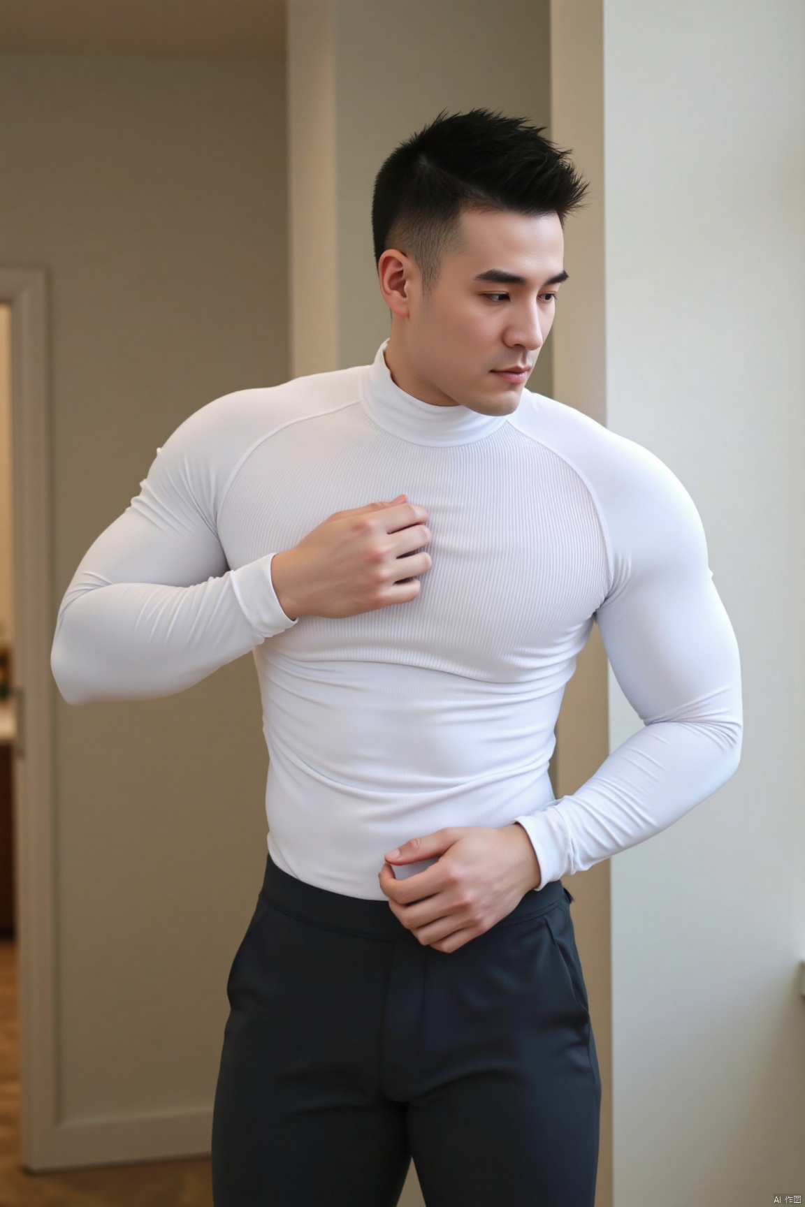 jzns,1man,handsome,wearing white turtleneck,tight sport clothes,he is grabbing breast,indoors,natural light,extremely detailed cg 8k wallpaper,magnificent,,masterpiece, realistic, best quality, highly detailed,shx