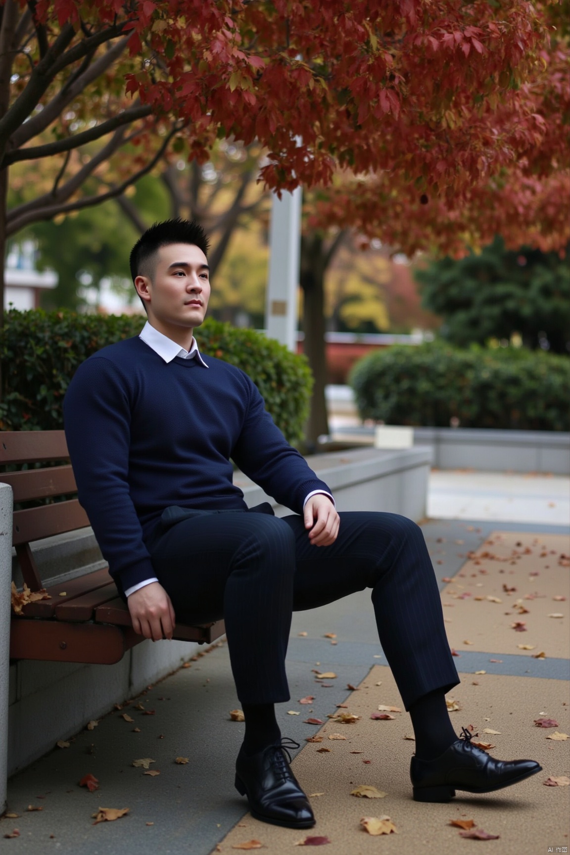 jzns, 1man,fashion model,asian, extremely delicate facial,,handsome,Business fashion,wearing sweater,shirt,pants,dark glossy socks,Oxford style footwear,sitting quietly with a smile,outdoors,autumn,in the garden,red Maple leaf,natural light,extremely detailed cg 8k wallpaper,magnificent,,masterpiece, realistic, best quality, highly detailed,plsw,shx