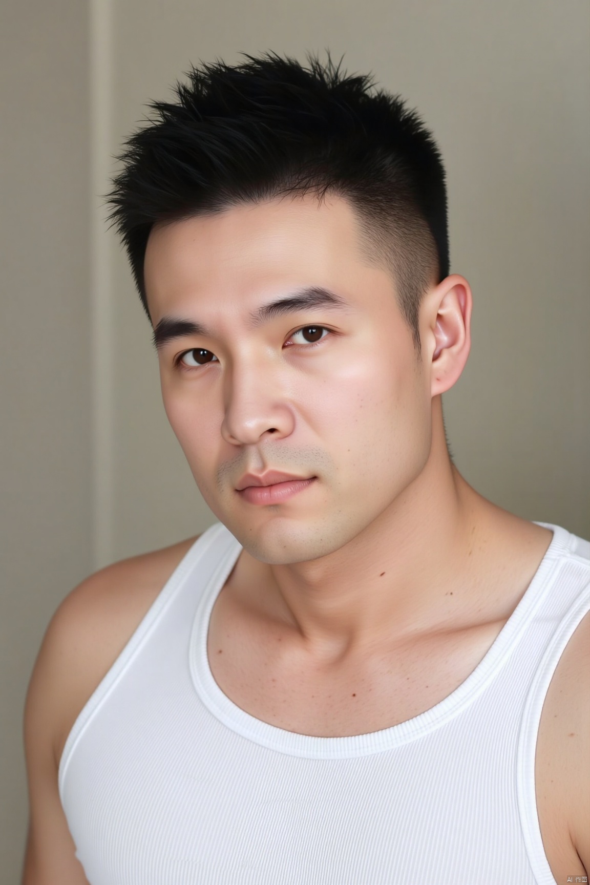 jzns,shx,1man,asian,solo,handsome,male focus, realistic, looking at viewer,white vest, portrait,masterpiece, realistic, best quality, highly detailed,profession, award winning artwork,shx