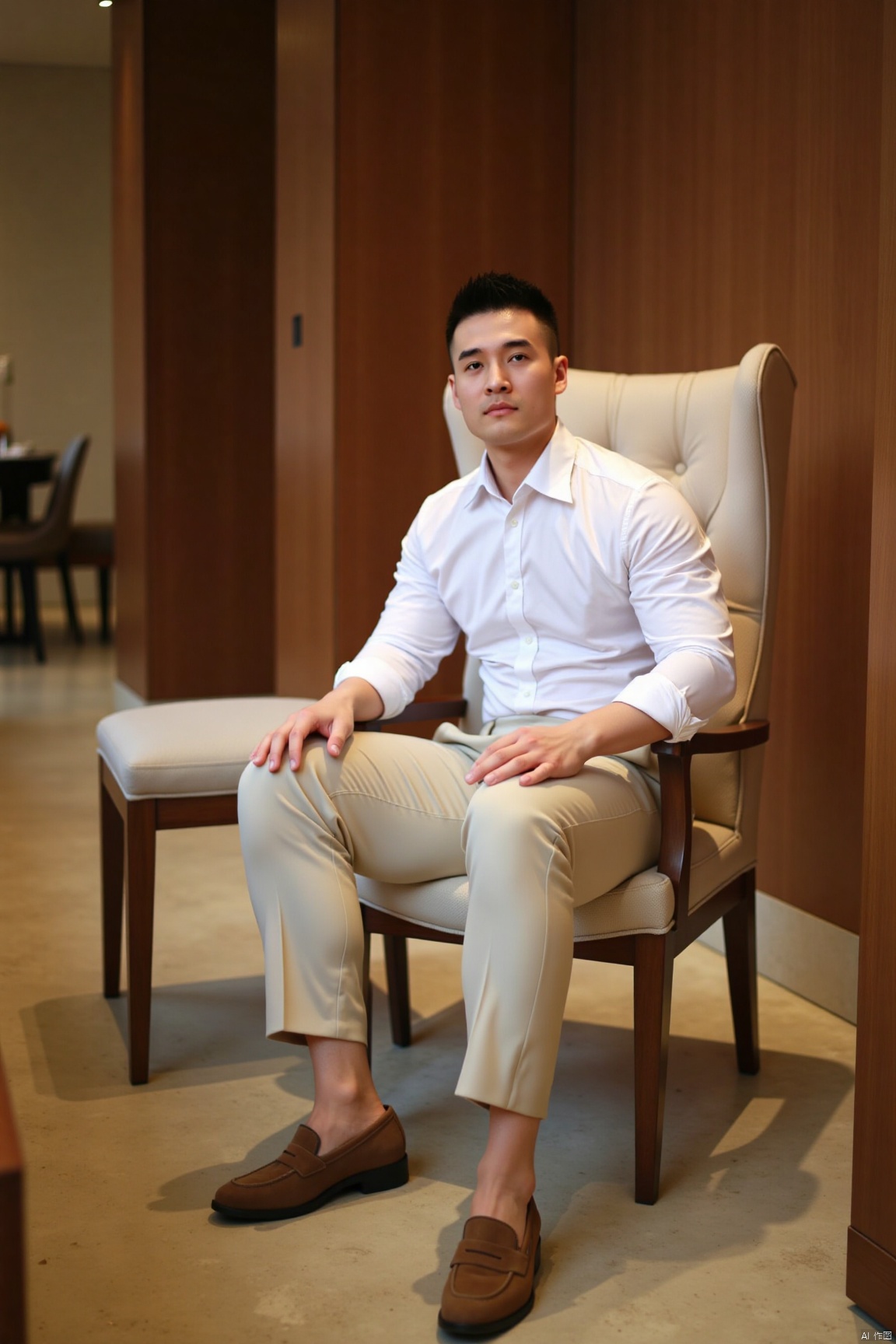 jzns,shx,1man,asian,solo,handsome,male focus, sitting, photo background, white shirt, looking at viewer, chair, full body, realistic, white pants, brown loafers, beige pants,in luxury hotel,atmospheric, photo background,perfect background, magnificent, masterpiece, realistic, best quality, highly detailed,shx