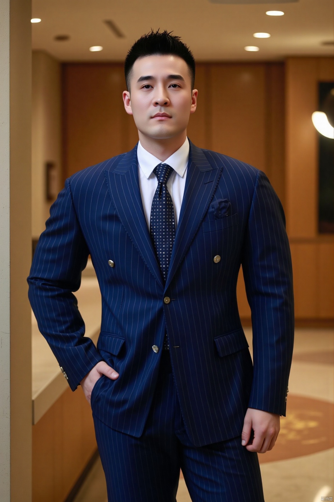 jzns,shx,1man,asian,solo,handsome, male focus, necktie, blurry background, hand in pocket,blue vertical stripes formal suit,looking at viewer, white shirt, blue pants, collared shirt, realistic, standing,  bust,in luxury hotel,atmospheric, photo background,perfect background, magnificent, masterpiece, realistic, best quality, highly detailed,shx